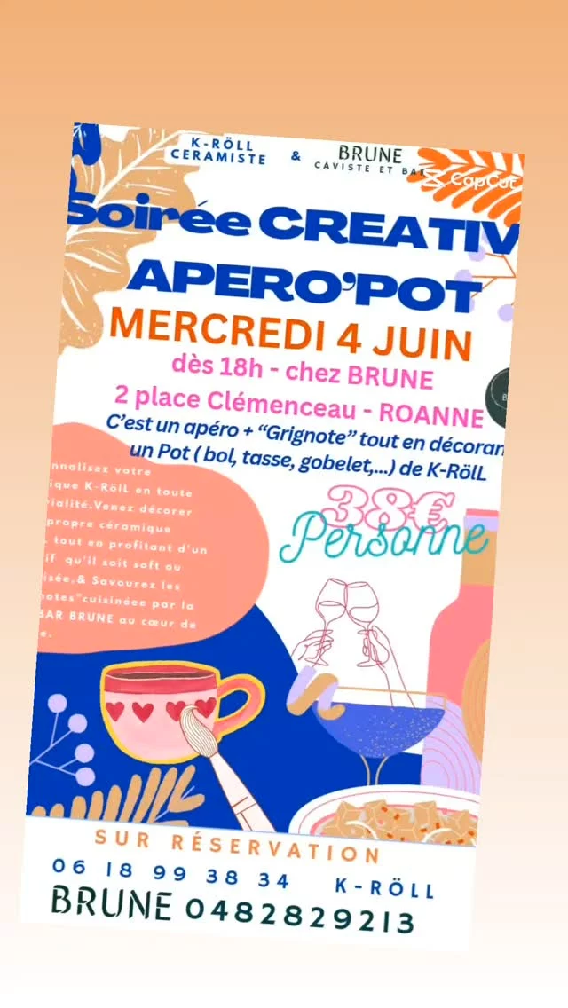 ✨ APÉRO'POT – Soirée créative à Roanne ✨
🎨 Céramique + 🥂 Apéro = combo parfait !

Viens passer un moment fun et créatif dans un lieu canon et convivial :
📍 @brune.roanne

👉 Je ramène mes céramiques à décorer
🖌️ Toi, tu viens avec ta créativité (et ta bonne humeur)
🍷 Et on trinque tous ensemble !

📅 Mercredi 4 juin
🕕 Dès 18h
📌 Sur réservation (places limitées !)

💬 Envoie-moi un message pour réserver ta place !

#apero #ceramique #soireecrea #roanne #ateliercreatif #aperoart #faitmain #aperoentreamis #bruneroanne