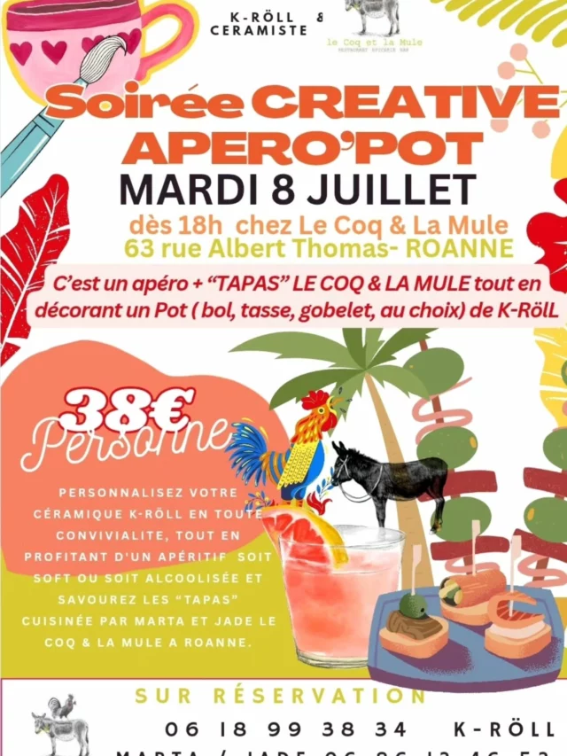 🎨🍷 Apero'Pot débarque dans un nouveau lieu à Roanne ! 🍷🎨

Envie d'une soirée originale, créative et conviviale ?

Rejoins-nous ce mercredi 8 juillet dès 18h au restaurant @lecoqetlamule.roanne 
📍63 rue Albert Thomas, Roanne
 pour une session APÉRO'POT unique !

Au programme :
🖌️ Tu choisis ta pièce en céramique, façonnée avec amour par Kroll dans son ATELIER-Boutique de Roanne

🎨 Tu choisis tes couleurs et laisses libre cours à ton imagination

🍸 Pendant ce temps, Marta & Jade te servent boissons fraîches (soft ou alcool) et tapas pour régaler ton apéro pendant que tu décores

Une soirée chill, artistique et pleine de bonne vibes dans un cadre canon ✨

⚠️ Sur réservation uniquement 
 Les places sont limitées, ne tarde pas !

📩 Contacte-nous vite pour réserver ta place.

À très bientôt pour peindre, trinquer et créer ensemble ! 🥂💫

#AperoPot #SoiréeCréative#chillroanne #Roanne#roannaistourisme #LecoqEtLaMule #CéramiqueByKroll #AtelierRoanne #AfterworkCréatif #TapasEtPeinture
